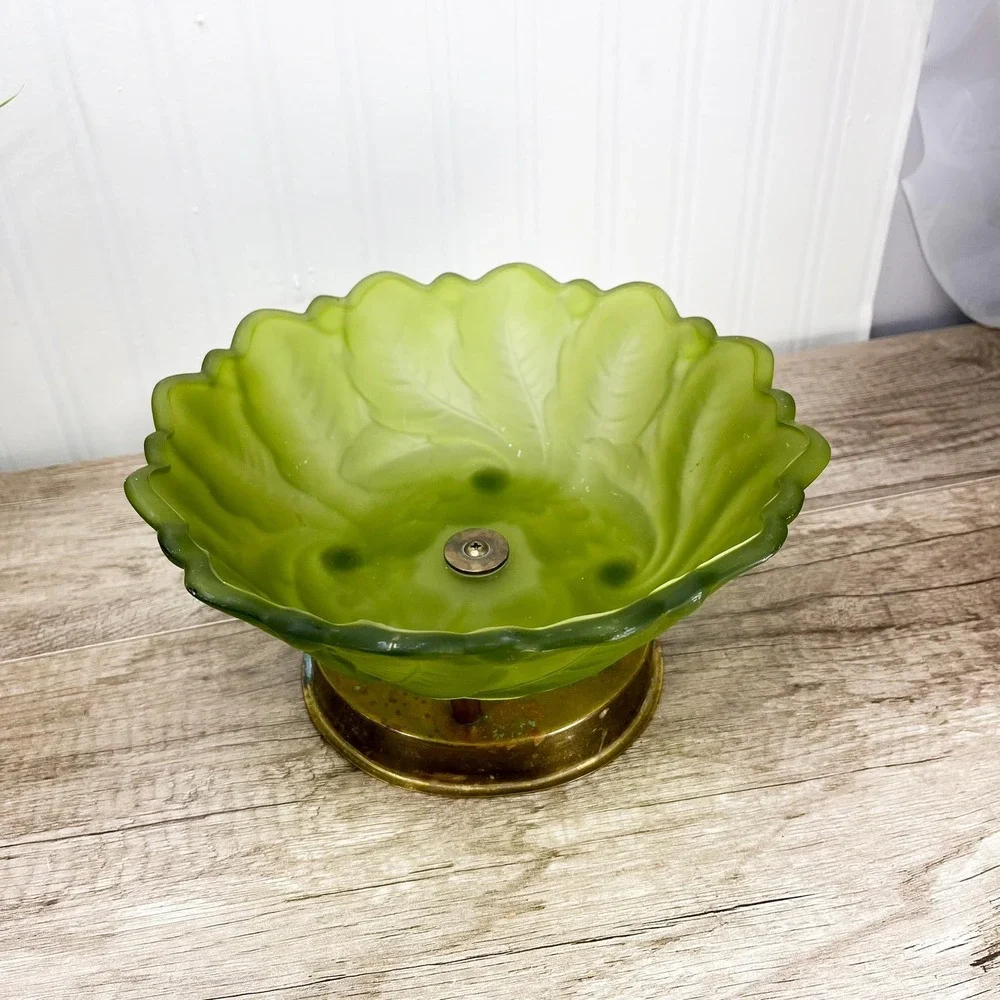 Vintage Frosted Green Glass Centerpiece Bowl:‎ Midcentury Modern Serving Platter